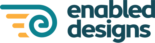 The logo for 'enabled designs' featuring a teal and orange stylized winged spiral icon on the left, with the brand name 'enabled designs' in dark teal text on the right, and the tagline 'Designs that move you forward' below, all set against a solid white background.